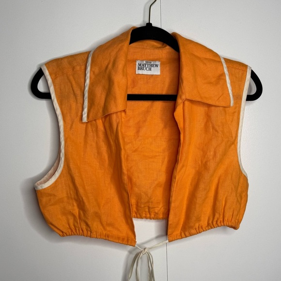 Matthew Bruch - Tie Waist Crop Top - Orange White Linen - Sz 4- RTR - Picture 5 of 13